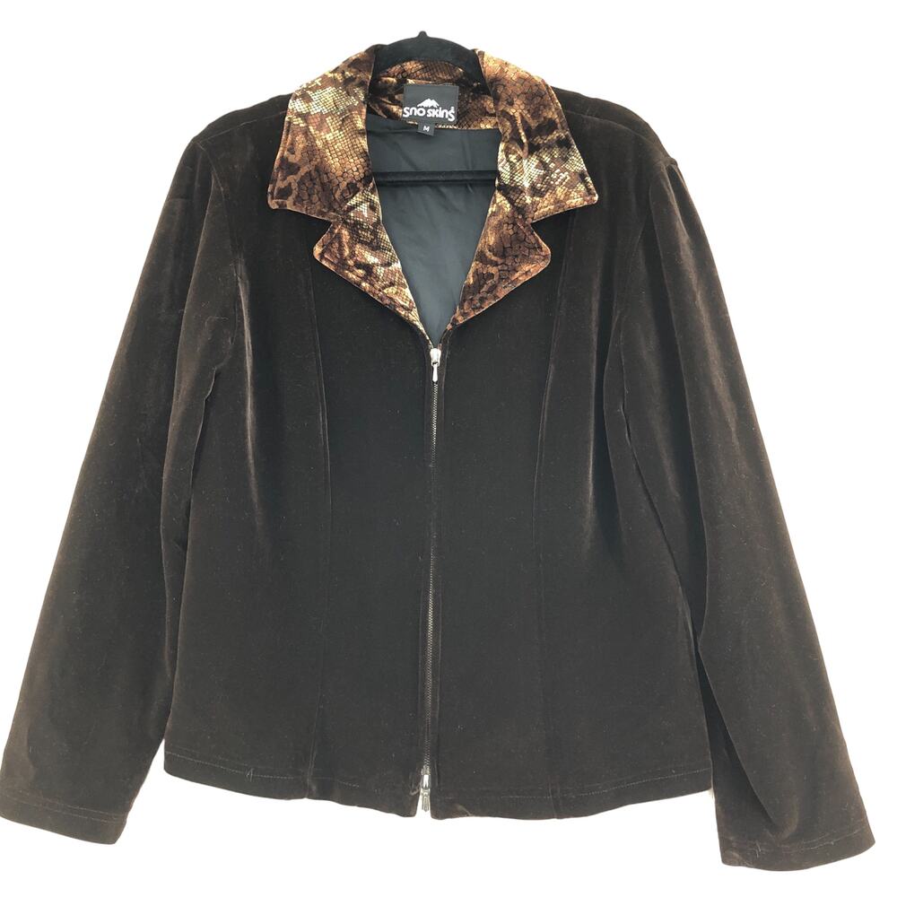 Sno Skins Womens Size M Jacket Brown Velvet Snake Print Collar Full Zip